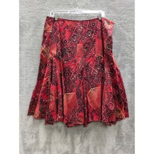 Boho Paisley Print Midi Skirt Women Large Red Cotton A-Line Flare